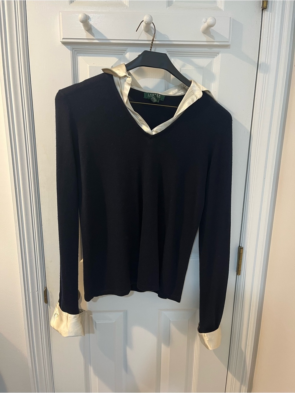 Ralph Lauren Black V-Neck Cashmere Sweater with Cream Collar